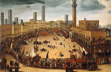 1585年頃に描かれたシエナ、カンポ広場での闘牛。