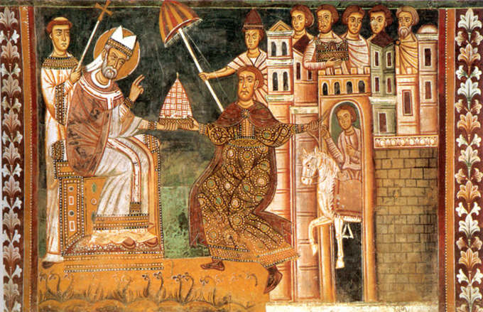 コンスタンティヌス帝が、教皇シルウェステルに冠を授けているところ。