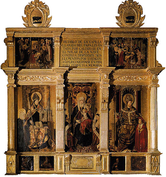 右下の部分が「聖イルデフォンソの前に跪く枢機卿アロンソ・ボルハ（後のカリストゥス３世）」。